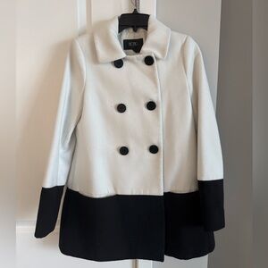 BCBG Women's Elegant Black and White Pea Coat - 1960s Inspired